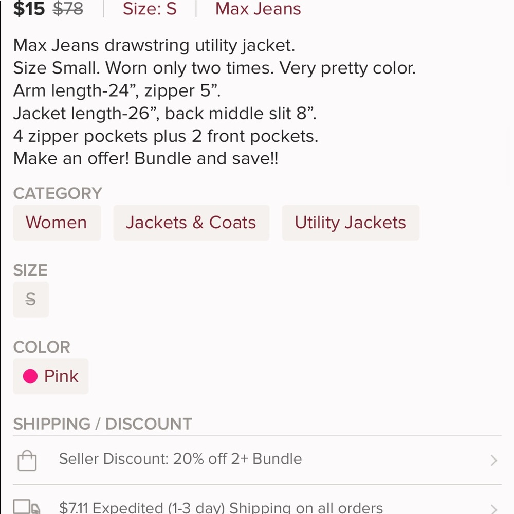MAX Jeans Drawstring Utility Jacket. Small. - Picture 4 of 4